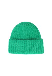 Berretto in lana verde lavorato a maglia con texture a coste e risvolto, caratterizzato da una finitura morbida e calda.