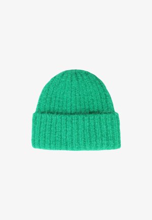 Vihreä villaneulepipo, jossa on uritettu pinta ja kaksinkertainen reunus, tarjoaa pehmeän ja lämpimän viimeistelyn.