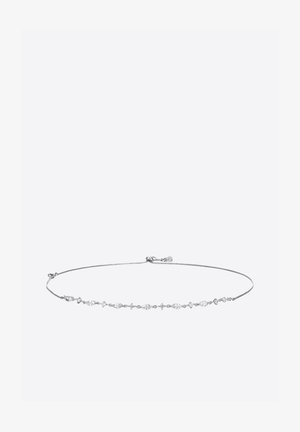 Sidabrinė grandinėlė su skaidriais kristalų papuošimais, turinčiais įvairias formas, įskaitant kriaušės, apvalios ir pailgos, su omaro sagtimi.