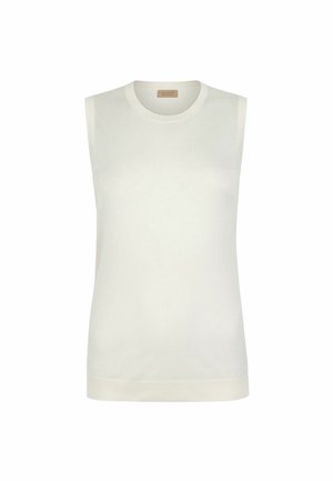 Biała dzianinowa kamizelka bez rękawów z okrągłym dekoltem i prążkowanymi krawędziami, przedstawiona na jednolitym białym tle.