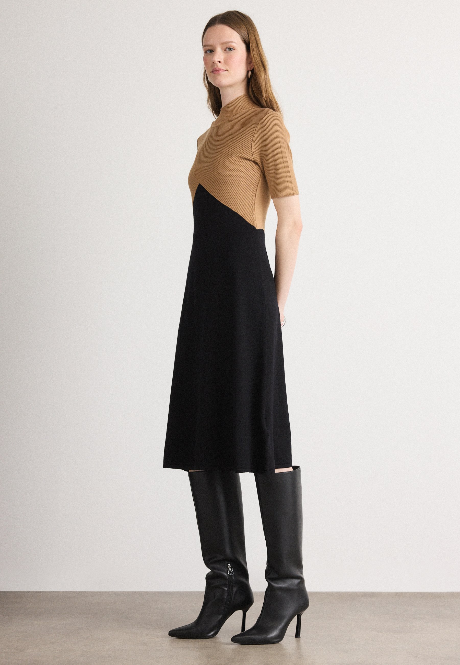 brown midi halter dress Donna Karan Women's Sleeveless Cross-Front Midi Halter Dress in Canyon