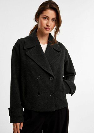 Dark gray double-breasted jacket with wide lapels, two black buttons, and a relaxed fit. Made of textured wool-like fabric with side pockets.
