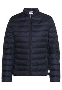 Navy blue quilted lightweight jacket with front zipper and stand collar, long sleeves, and subtle brand tag near hem.