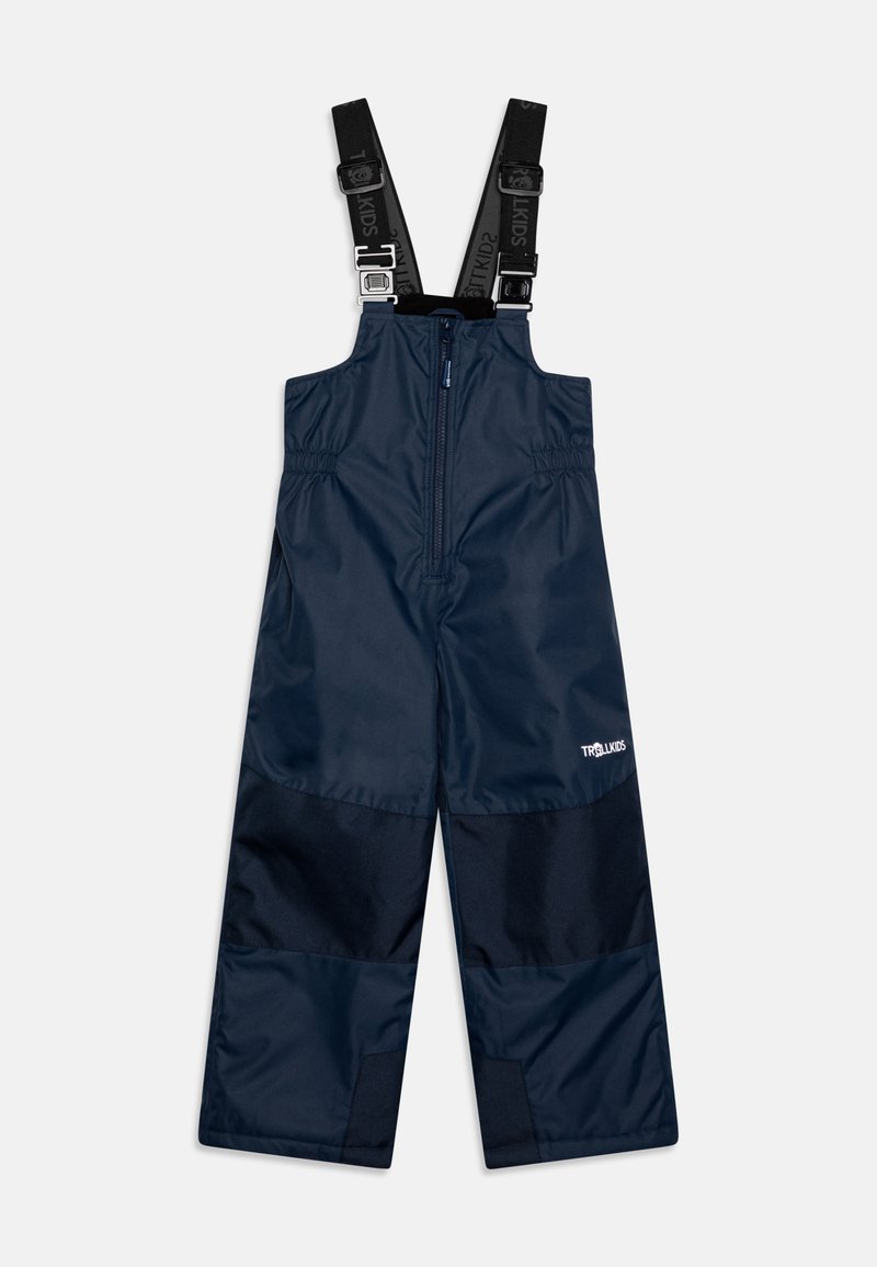 Macacões impermeáveis de cor navy com alças pretas ajustáveis, fecho frontal com zip, cintura elástica e painéis de tecido contrastantes na parte inferior.