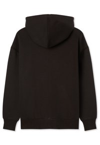 Black hoodie made from soft cotton material, featuring a relaxed fit, long sleeves, and a large hood with ribbed cuffs and hem.