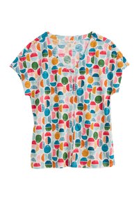Short-sleeve, V-neck blouse in lightweight fabric featuring a multicolored circular and striped pattern on a pale background.
