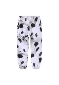 Pantalons de jogging blancs avec un imprimé de visage de panda noir et blanc. Taille élastique avec des poignets froncés aux chevilles. Tissu doux.