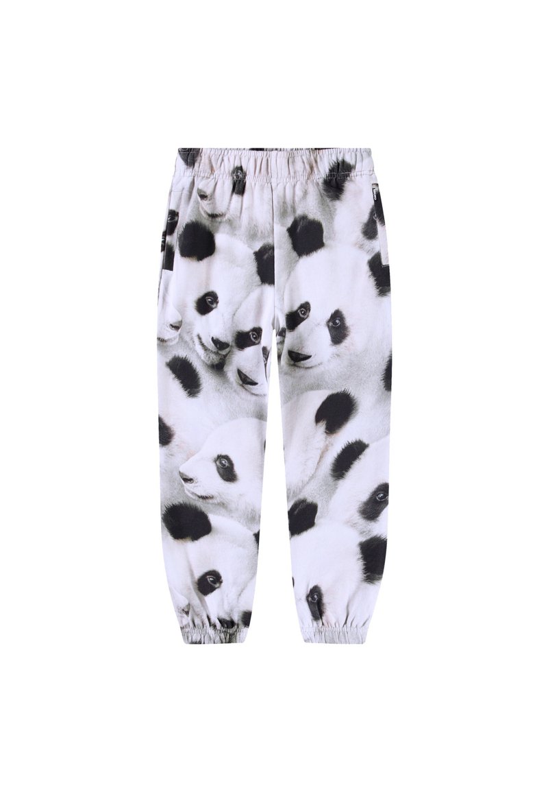 Pantalons de jogging blancs avec un imprimé de visage de panda noir et blanc. Taille élastique avec des poignets froncés aux chevilles. Tissu doux.