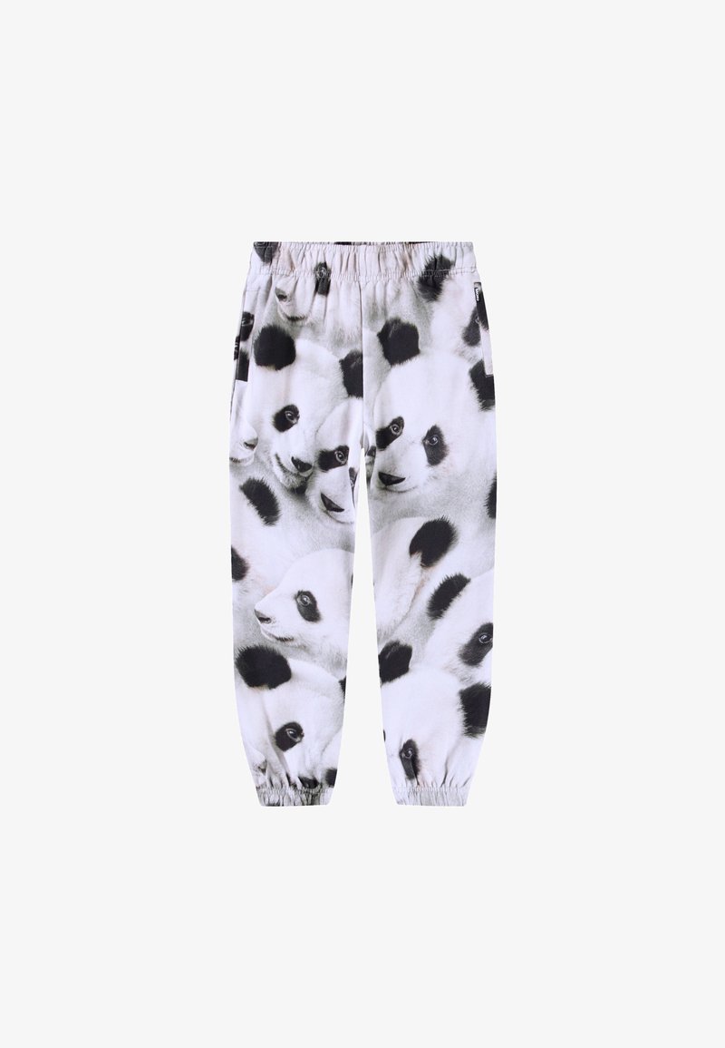 Calças de jogging brancas com um estampado de rosto de panda em preto e branco. Cintura elástica com punhos frisados nos tornozelos. Tecido macio.