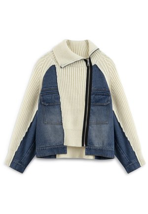 Denim and knit jacket with a high ribbed collar, cream knit front, blue denim sleeves, two front pockets, and a center zipper.