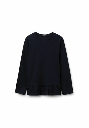 T-shirt bleu marine à manches longues avec un col rond et un ourlet avec volants. Fabriqué en tissu doux avec un design simple et des manches sans couture.