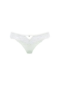 Kant en satijnen string in lichtgroen, met delicate bloemenkantafwerking en een kleine charm aan de voorkant. Zachte textuur en V-vormig ontwerp.