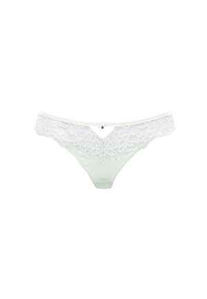 Satin- und Spitzenstrings in Hellgrün, mit zarter Blumen-Spitzenborte und einem kleinen Schmuckstück vorne. Weiche Textur und v-förmiges Design.