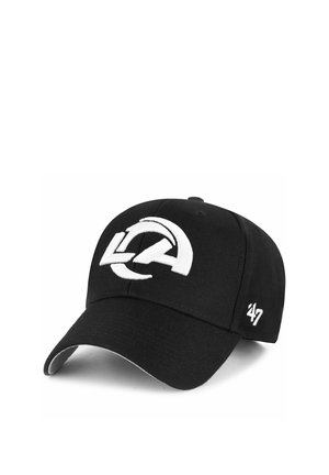 Schwarze Baseballkappe mit weißem Los Angeles Rams-Logo vorne in der Mitte und weißer '47-Stickerei auf dem Seitenpanel.