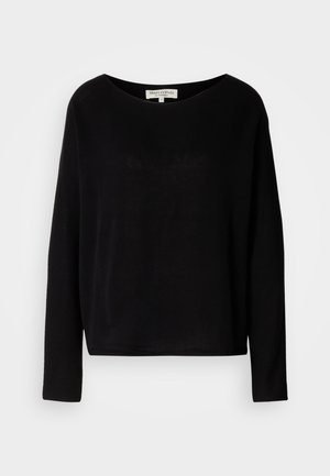 Maglietta nera a maniche lunghe realizzata in materiale morbido, con un ampio scollo rotondo e una vestibilità comoda, priva di motivi o elementi metallici visibili.