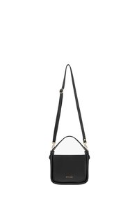 Czarna skórzana torba crossbody o prostokątnym kształcie, z fakturowaną powierzchnią, regulowanym paskiem i złotymi detalami. Wytłoczone logo RYLEKO.