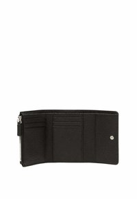 Portefeuille en cuir noir avec une finition texturée, comprenant plusieurs emplacements pour cartes et un compartiment zippé sur le côté gauche.