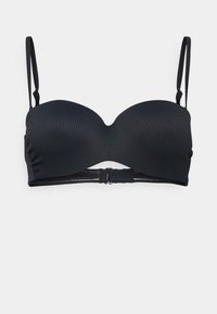 Μαύρο ενισχυμένο σουτιέν με ραβδωτή υφή, ρυθμιζόμενες τιράντες και κούμπωμα με γάντζο και μάτι. Λείος, χωρίς ραφές σχεδιασμός για μια διακριτική εμφάνιση.