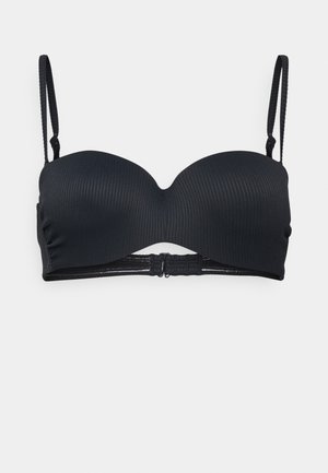 Sujetador negro acolchado con textura acanalada, tirantes ajustables y cierre de gancho y ojo. Diseño liso y sin costuras para un look discreto.