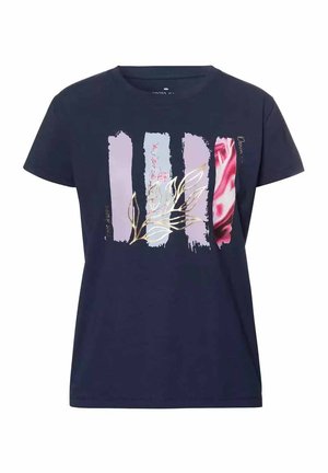 Granatowa bawełniana koszulka z krótkim rękawem, zdobiona abstrakcyjnymi wzorami pociągnięć pędzla w pastelowych odcieniach oraz kwiatowym motywem w metalicznej złotej kolorystyce.