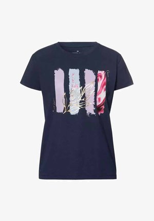 Granatowa bawełniana koszulka z krótkim rękawem, zdobiona abstrakcyjnymi wzorami pociągnięć pędzla w pastelowych odcieniach oraz kwiatowym motywem w metalicznej złotej kolorystyce.