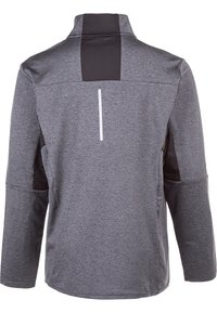 Graue Sportjacke mit Stehkragen, langen Ärmeln, Netzrückenpaneel und reflektierenden Details auf der Rückseite für bessere Sichtbarkeit.