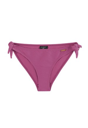 Roze bikinibroekje met gestructureerde stof, zijstrikjes en een gladde afwerking. Voorzien van een "Protest"-label aan de voorkant voor branding.