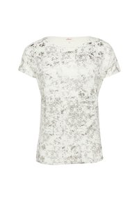Witte T-shirt met korte mouwen en een gestructureerd, abstract grijs patroon. Ronde halslijn, zachte stof, relaxte pasvorm. Geen zichtbare hardware of accenten.