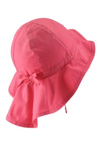 Leichter, rosa Baumwoll-Bucket-Hut mit breiter Krempe, verstellbarem Kinnriemen und dezent strukturiertem Stoff für Komfort und Sonnenschutz.