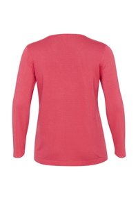 Chemise à manches longues en rose corail, fabriquée en tissu tricot doux. Encolure ronde simple et ourlet droit sans ornements ni motifs.