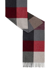 Wool scarf featuring a patchwork design in shades of red, gray, and black, with fringed edges and a soft, textured finish.