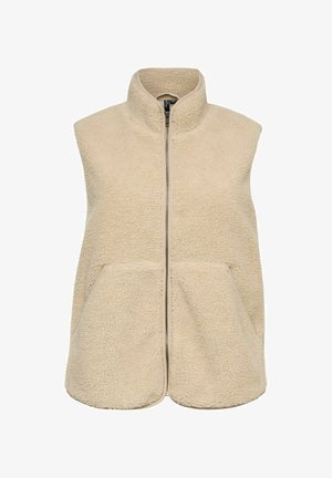 Beež värvusega varrukateta fliisvest ees lukuga, kõrge kraega ja kahe eesmise taskuga, disainitud soojuse ja igapäevaseks kandmiseks.