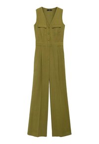 Olive green jumpsuit with a v-neck, two chest pockets, button closure, and wide legs featuring pleats for a structured silhouette.
