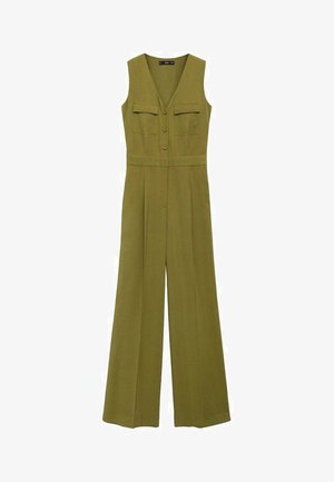 Combinaison vert olive avec décolleté en V, deux poches poitrine, fermeture à boutons et jambes larges avec plis pour une silhouette structurée.