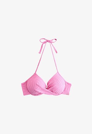 Pink bikini top with a textured wave pattern, triangular cups, and thin adjustable straps tied at the neck and back.