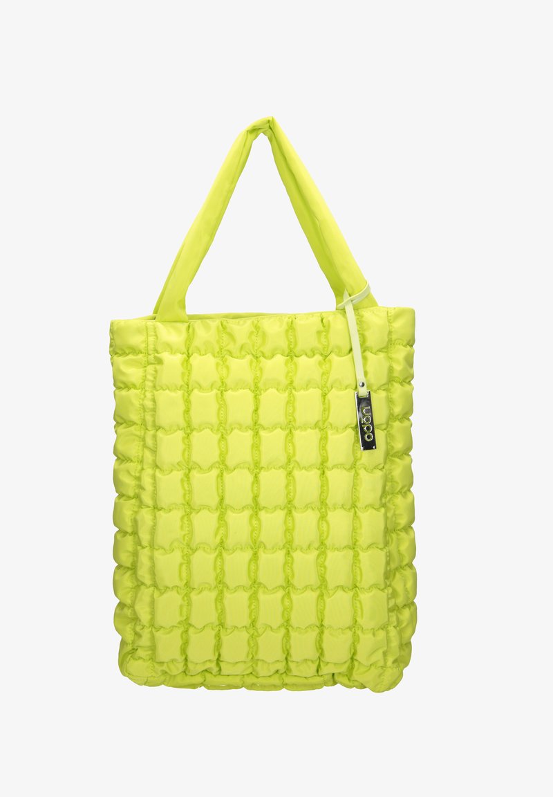 Neon gele draagtas met een doorstikte, gewatteerde structuur, voorzien van twee stevige handvatten en een klein logo-label. Textuur met een rasterpatroon.