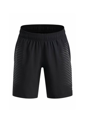 Zwarte atletiekshorts met elastische tailleband en witte gestippelde verloopmotieven aan beide zijden, getoond tegen een effen witte achtergrond.