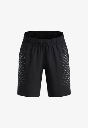 Shorts de sport noirs avec taille élastique et motifs dégradés blancs à pois sur les deux côtés, présentés sur un fond blanc uni.