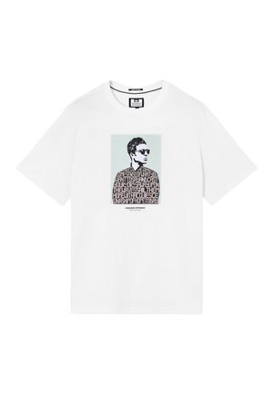White short-sleeve T-shirt with a black and white graphic of a man wearing sunglasses, overlaid with stylized text and a pale blue background.