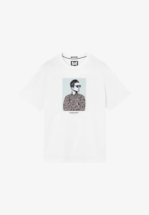 White short-sleeve T-shirt with a black and white graphic of a man wearing sunglasses, overlaid with stylized text and a pale blue background.