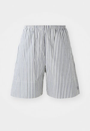 Striped shorts in navy and white cotton, featuring an elastic waistband and a relaxed fit. Mid-thigh length with subtle stitching details.