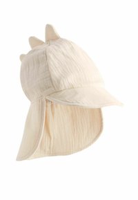 Beige Stoffhut mit einer verlängerten Klappe, die drei strukturierte Spitzen oben und einen gebogenen Rand aufweist, entworfen für Sonnenschutz.
