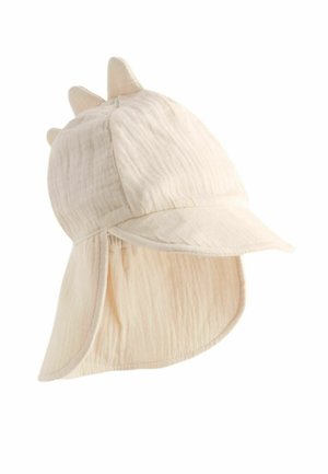 Beige Stoffhut mit einer verlängerten Klappe, die drei strukturierte Spitzen oben und einen gebogenen Rand aufweist, entworfen für Sonnenschutz.
