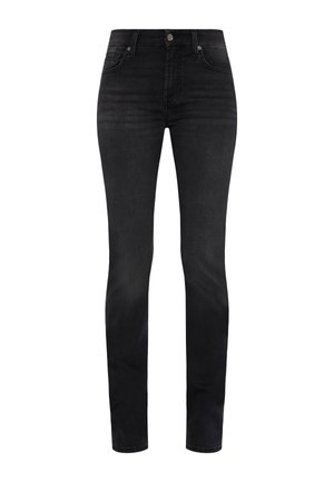 Zwarte denim jeans met een slim fit, een middelhoge taille, klassiek vijf-pocket ontwerp en subtiele stiksels. De stof heeft een gladde textuur.