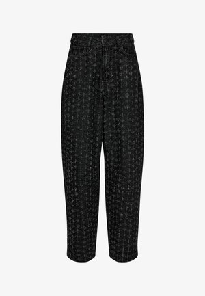 Zwarte denim broek met een losse pasvorm, voorzien van een subtiel textuurpatroon en hoge taille. Inclusief zijzakken en een ritssluiting.