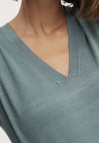 Maglione a V in morbido tessuto a maglia verde chiaro. Presenta un collo a costine e una texture liscia, con sottili dettagli di cucitura vicino al collo.