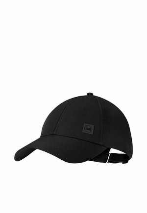 Schwarze Baseballkappe mit gewölbtem Schirm, Belüftungslöchern an den Seiten und verstellbarem Riemen am Rückenteil.