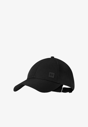 Schwarze Baseballkappe mit gewölbtem Schirm, Belüftungslöchern an den Seiten und verstellbarem Riemen am Rückenteil.