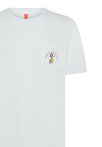 T-shirt bianco in cotone con scollo rotondo, maniche corte e taschino sul petto con testo e grafica colorati ricamati.
