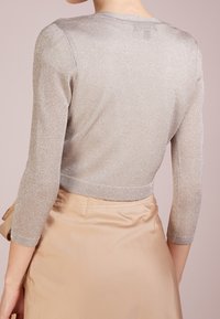 Metallisk silverfärgad kort tröja med trekvartsärmar, med en slät textur och en figurnära design, ihop med en beige satängkjol.